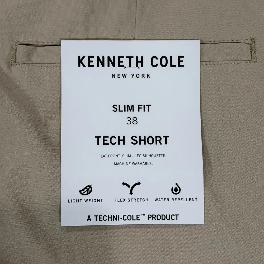 Kenneth Cole Mens 38x8 Slim Fit Tech Shorts Classic Khaki Stretch Flat Front NWT
